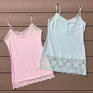 Y2K Pink & Green Lace Trim Cami Tank Tops 2 PC Bundle Layering Size Small